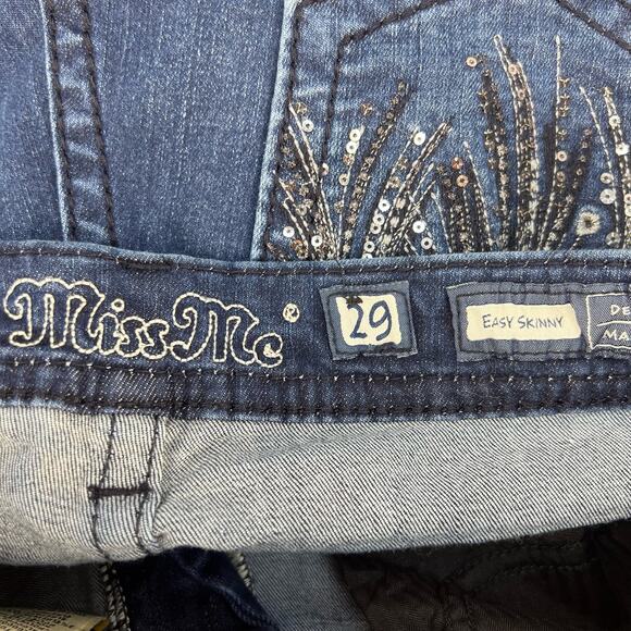 Miss Me Jeans Women's 29x29.5 (8) Dark Blue Easy Skinny Sequins Flower Bling - Picture 6 of 14